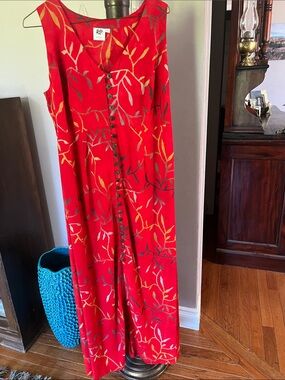 Archival Le Chateau Red Floral Button-Front Maxi Dress With Botanical Print